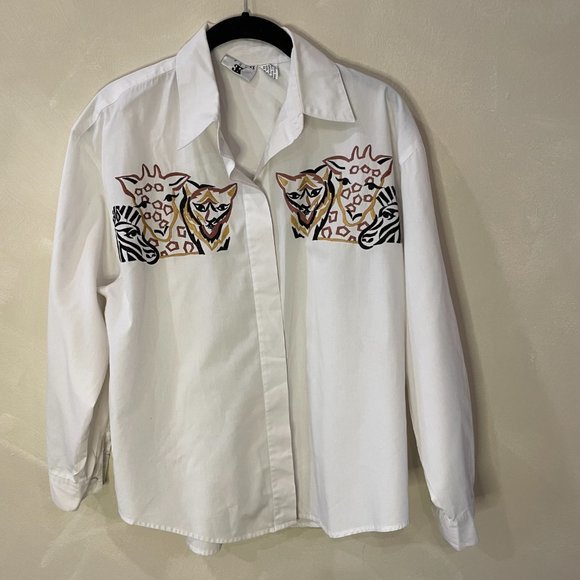 VTG 90s Ilyssa Maxx for 3K Animal Embroidery White Button Down in Size Medium - Picture 2 of 9
